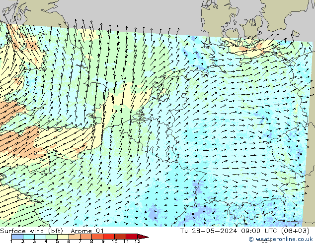 Surface wind (bft) Arome 01 Tu 28.05.2024 09 UTC