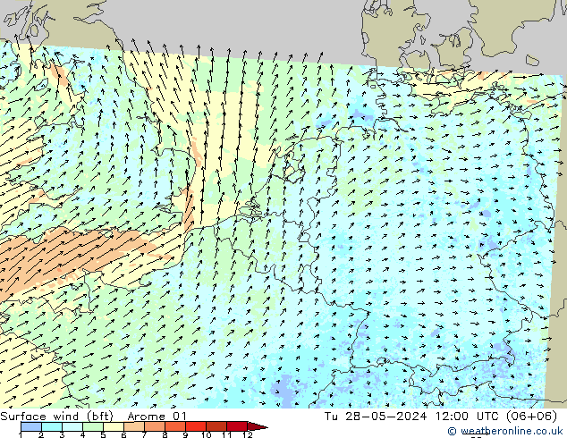 Wind 10 m (bft) Arome 01 di 28.05.2024 12 UTC