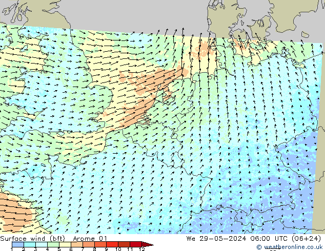 Surface wind (bft) Arome 01 We 29.05.2024 06 UTC