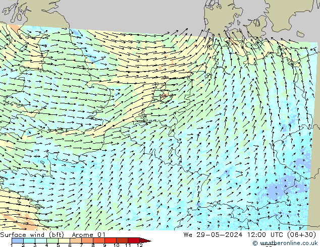 Surface wind (bft) Arome 01 We 29.05.2024 12 UTC