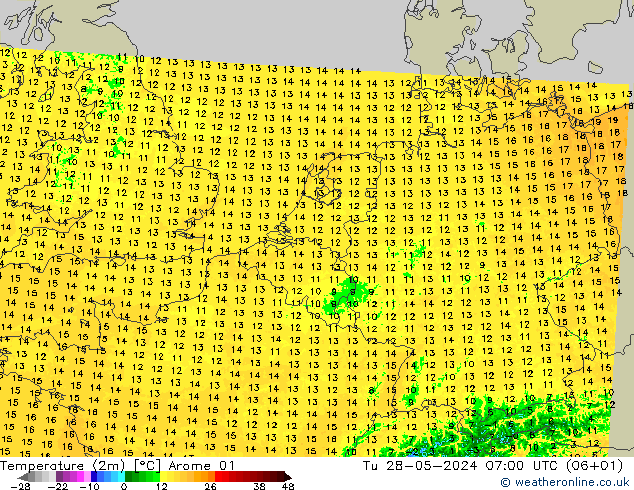 Temperatura (2m) Arome 01 mar 28.05.2024 07 UTC