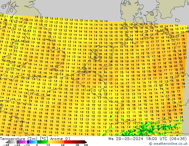 Temperaturkarte (2m) Arome 01 Mi 29.05.2024 18 UTC