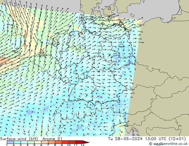 Wind 10 m (bft) Arome 01 di 28.05.2024 13 UTC