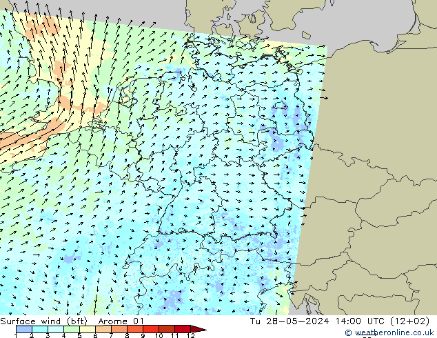 Surface wind (bft) Arome 01 Tu 28.05.2024 14 UTC