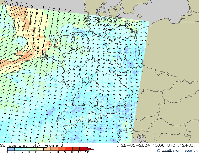 Surface wind (bft) Arome 01 Tu 28.05.2024 15 UTC