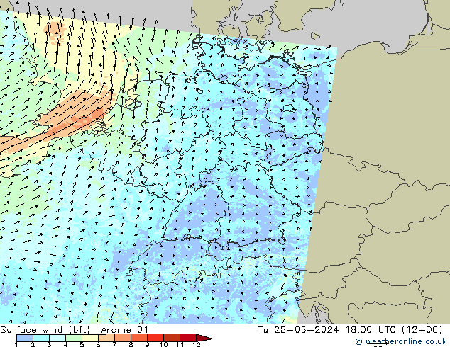 Wind 10 m (bft) Arome 01 di 28.05.2024 18 UTC