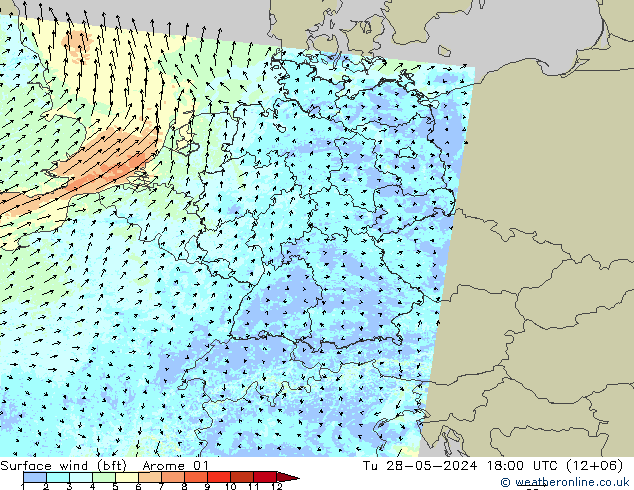 Surface wind (bft) Arome 01 Tu 28.05.2024 18 UTC