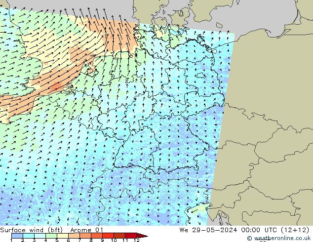 wiatr 10 m (bft) Arome 01 śro. 29.05.2024 00 UTC