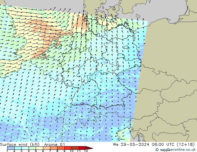 Vento 10 m (bft) Arome 01 mer 29.05.2024 06 UTC