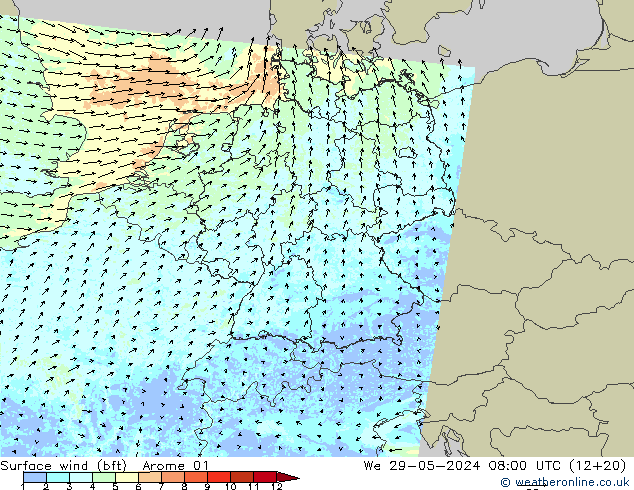 Surface wind (bft) Arome 01 St 29.05.2024 08 UTC