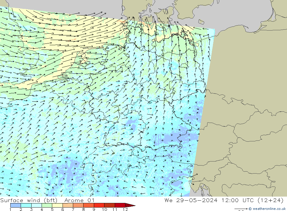 Rüzgar 10 m (bft) Arome 01 Çar 29.05.2024 12 UTC