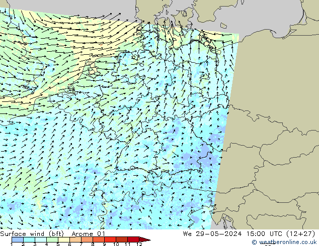 Wind 10 m (bft) Arome 01 wo 29.05.2024 15 UTC