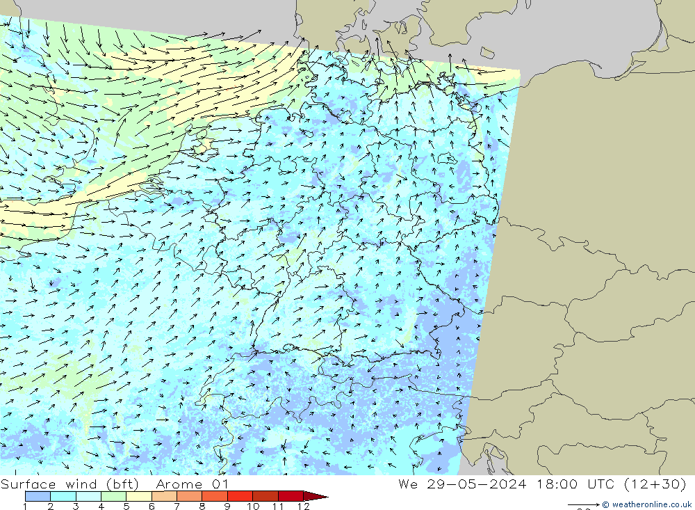  10 m (bft) Arome 01  29.05.2024 18 UTC