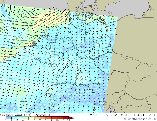 Wind 10 m (bft) Arome 01 wo 29.05.2024 21 UTC
