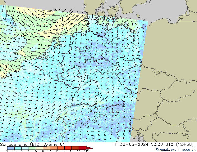 Surface wind (bft) Arome 01 Čt 30.05.2024 00 UTC
