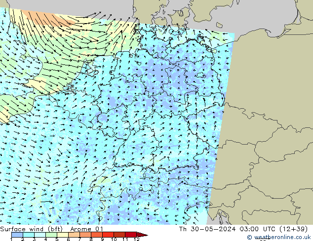 Bodenwind (bft) Arome 01 Do 30.05.2024 03 UTC