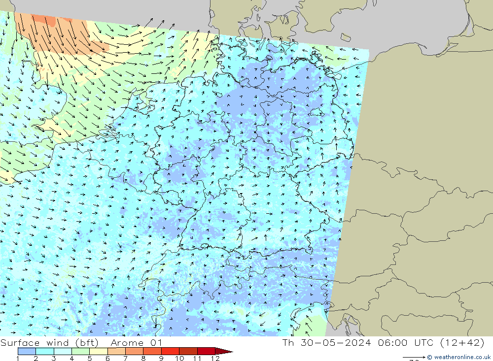 ве�Bе�@ 10 m (bft) Arome 01 чт 30.05.2024 06 UTC