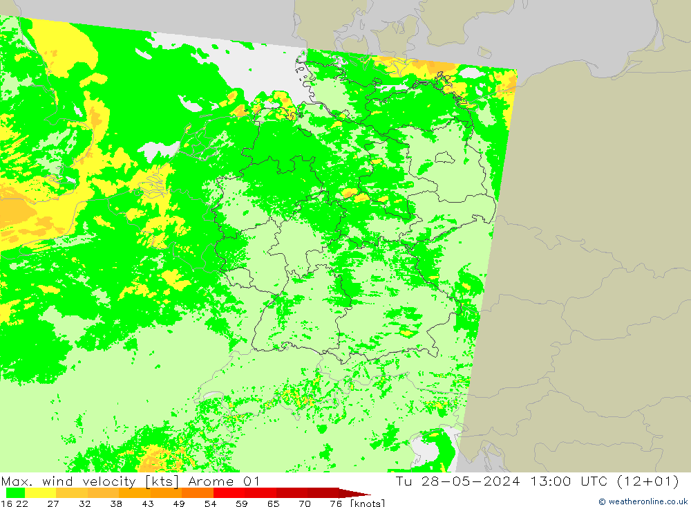 Max. wind velocity Arome 01 вт 28.05.2024 13 UTC