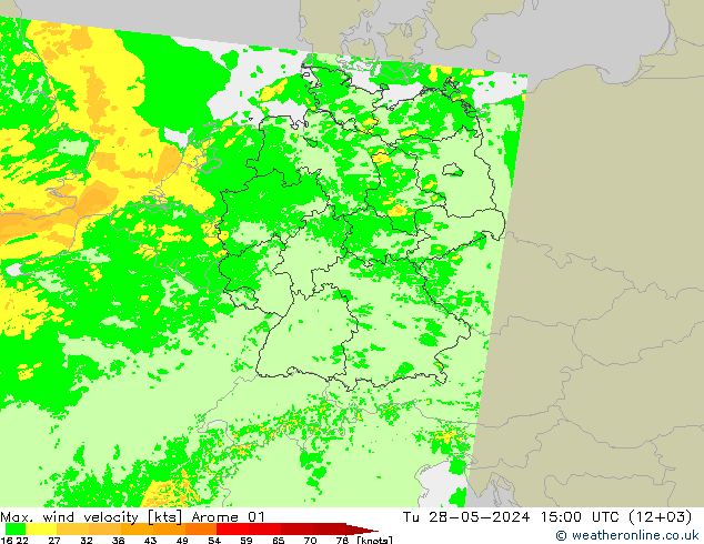 Max. wind velocity Arome 01 Tu 28.05.2024 15 UTC