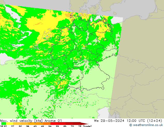 Maks. Rüzgar Hızı Arome 01 Çar 29.05.2024 12 UTC