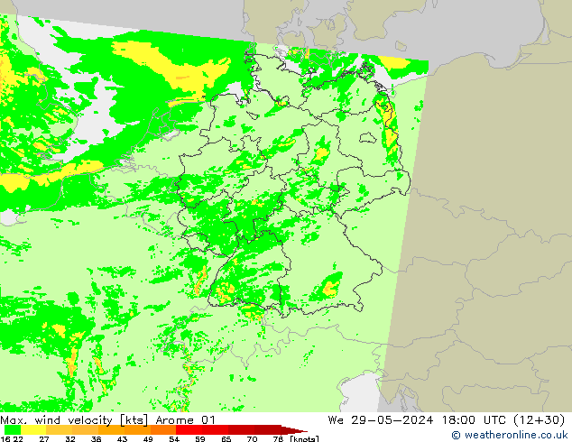 Max. wind velocity Arome 01 Qua 29.05.2024 18 UTC