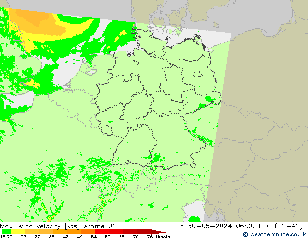 Max. wind velocity Arome 01 чт 30.05.2024 06 UTC