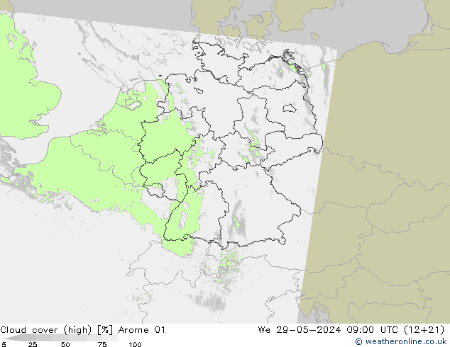 Cloud cover (high) Arome 01 We 29.05.2024 09 UTC