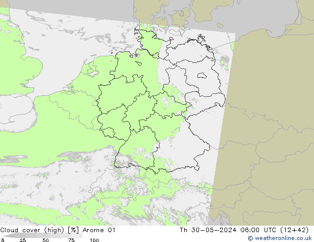 Cloud cover (high) Arome 01 Th 30.05.2024 06 UTC