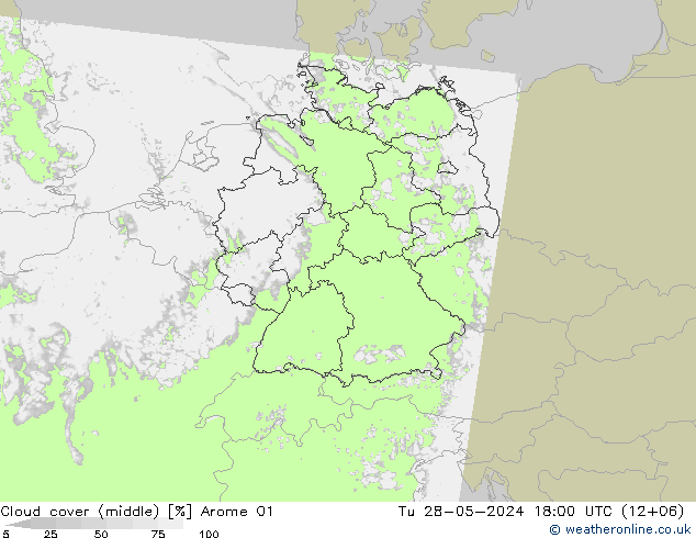 Cloud cover (middle) Arome 01 Tu 28.05.2024 18 UTC