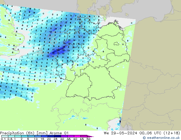 Totale neerslag (6h) Arome 01 wo 29.05.2024 06 UTC