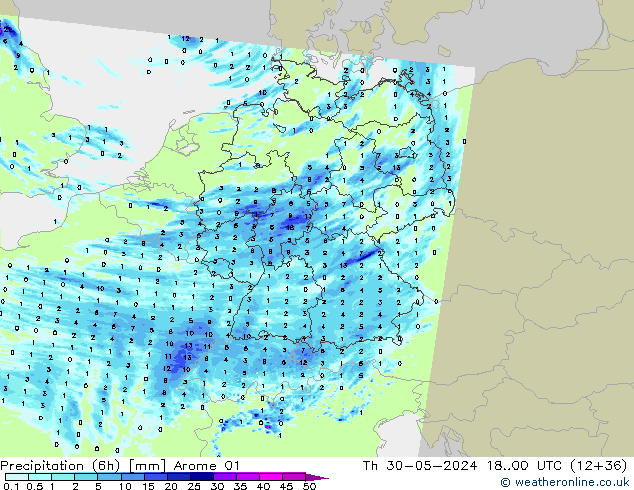 Totale neerslag (6h) Arome 01 do 30.05.2024 00 UTC