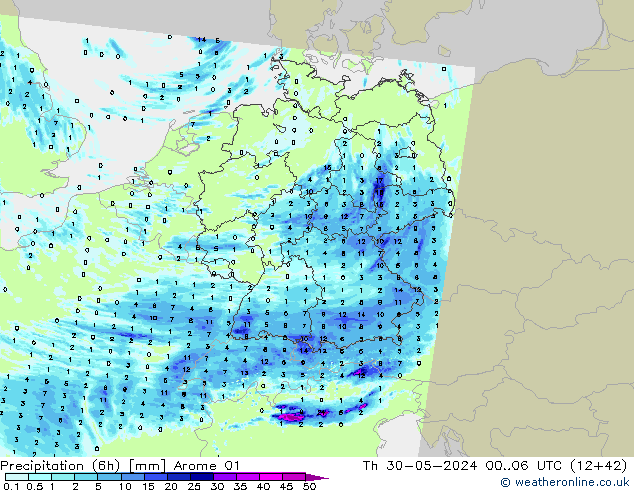 Precipitation (6h) Arome 01 Th 30.05.2024 06 UTC