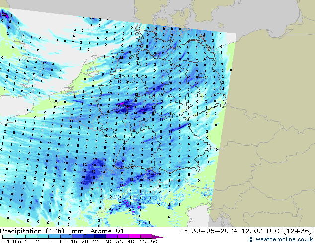 Precipitation (12h) Arome 01 Th 30.05.2024 00 UTC