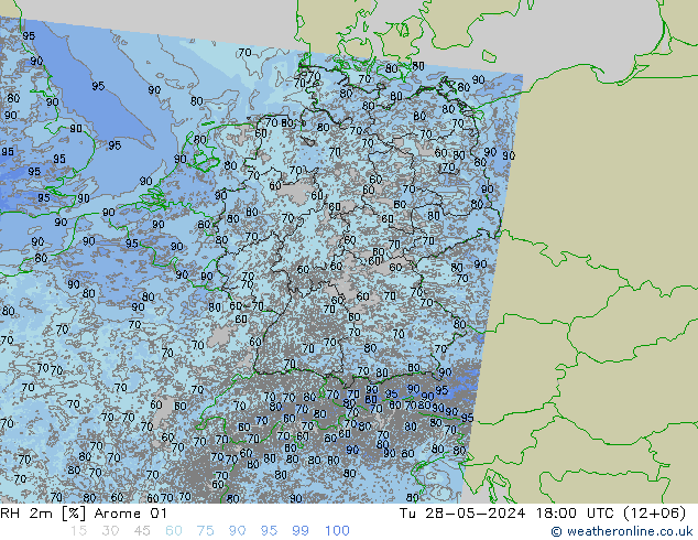 Humedad rel. 2m Arome 01 mar 28.05.2024 18 UTC