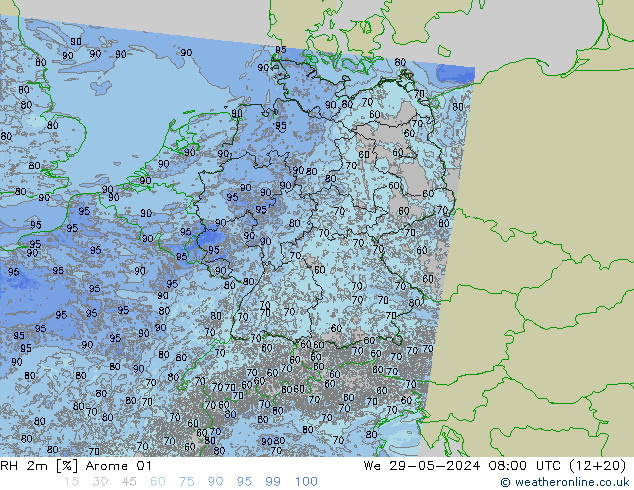 Humedad rel. 2m Arome 01 mié 29.05.2024 08 UTC