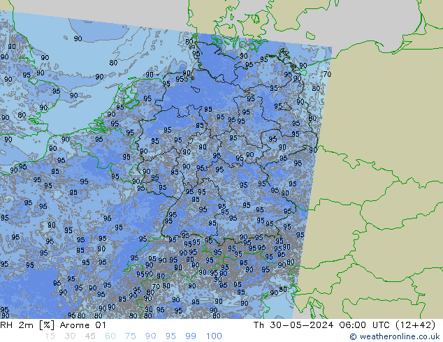 RH 2m Arome 01 czw. 30.05.2024 06 UTC