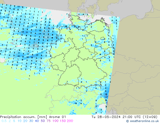 Precipitation accum. Arome 01 Tu 28.05.2024 21 UTC