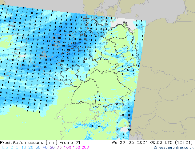 Precipitation accum. Arome 01 We 29.05.2024 09 UTC