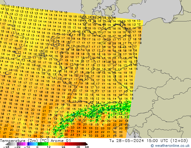 карта температуры Arome 01 вт 28.05.2024 15 UTC