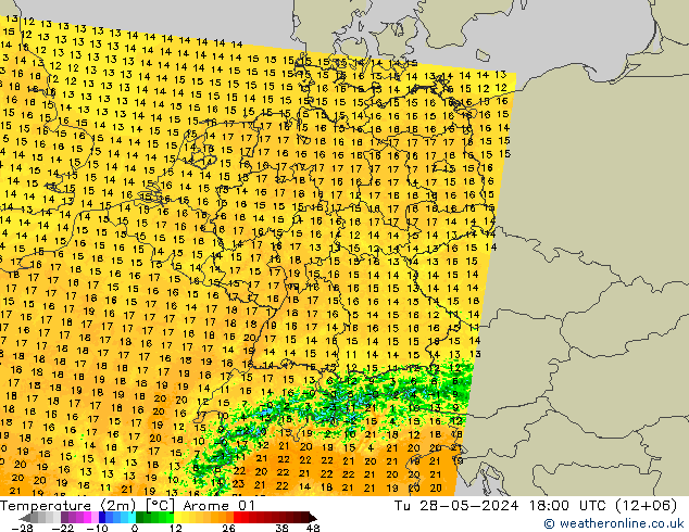 Temperaturkarte (2m) Arome 01 Di 28.05.2024 18 UTC
