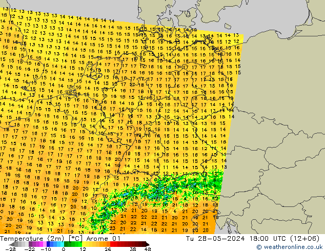 Temperatura (2m) Arome 01 mar 28.05.2024 18 UTC