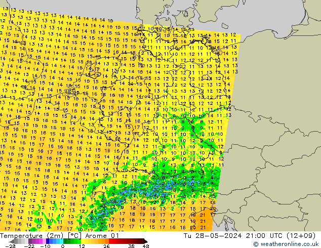 Temperature (2m) Arome 01 Út 28.05.2024 21 UTC