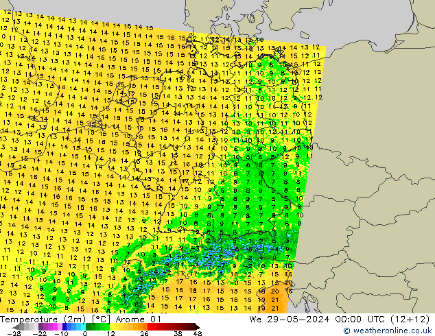 Temperature (2m) Arome 01 St 29.05.2024 00 UTC