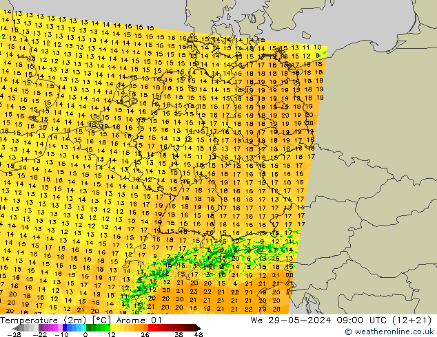 карта температуры Arome 01 ср 29.05.2024 09 UTC