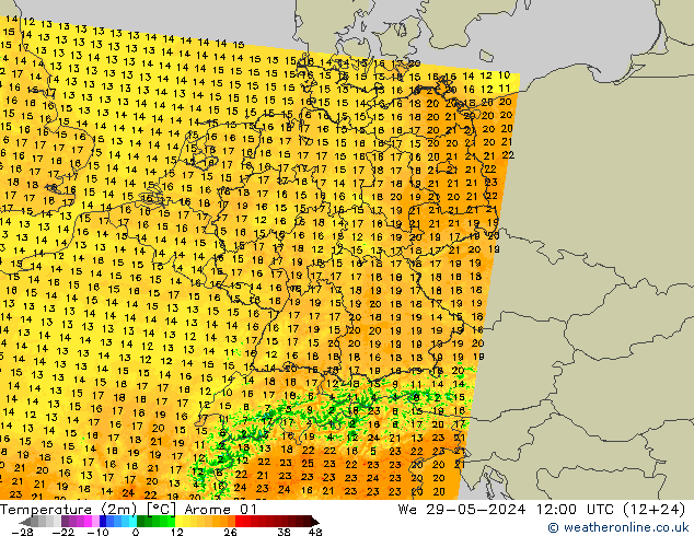 Temperature (2m) Arome 01 We 29.05.2024 12 UTC