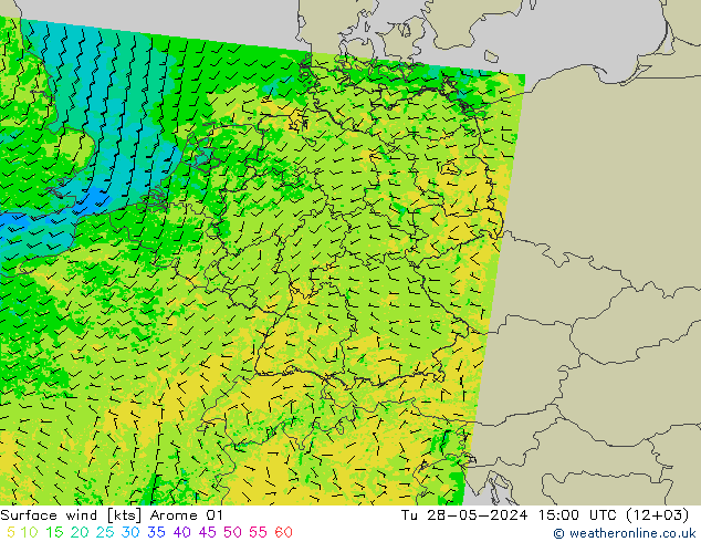 Vent 10 m Arome 01 mar 28.05.2024 15 UTC