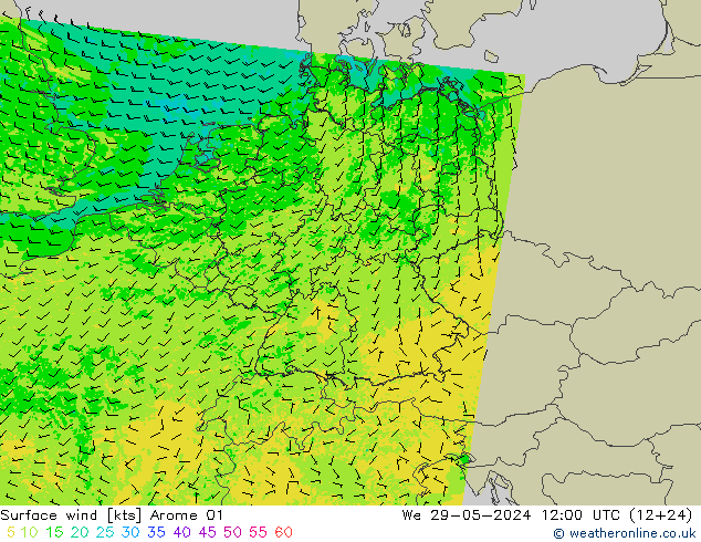 Viento 10 m Arome 01 mié 29.05.2024 12 UTC