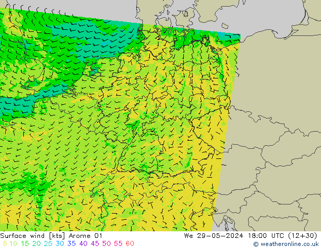 Surface wind Arome 01 We 29.05.2024 18 UTC