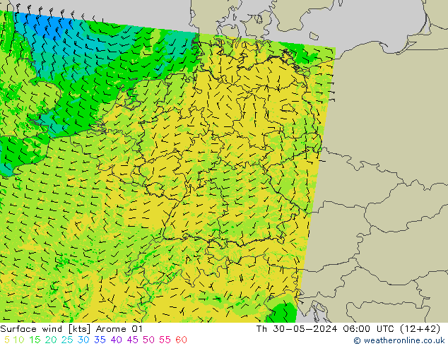 Surface wind Arome 01 Čt 30.05.2024 06 UTC
