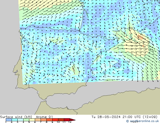 Vento 10 m (bft) Arome 01 Ter 28.05.2024 21 UTC